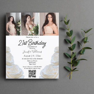 21st birthday 3 photos qr code floral invitation 