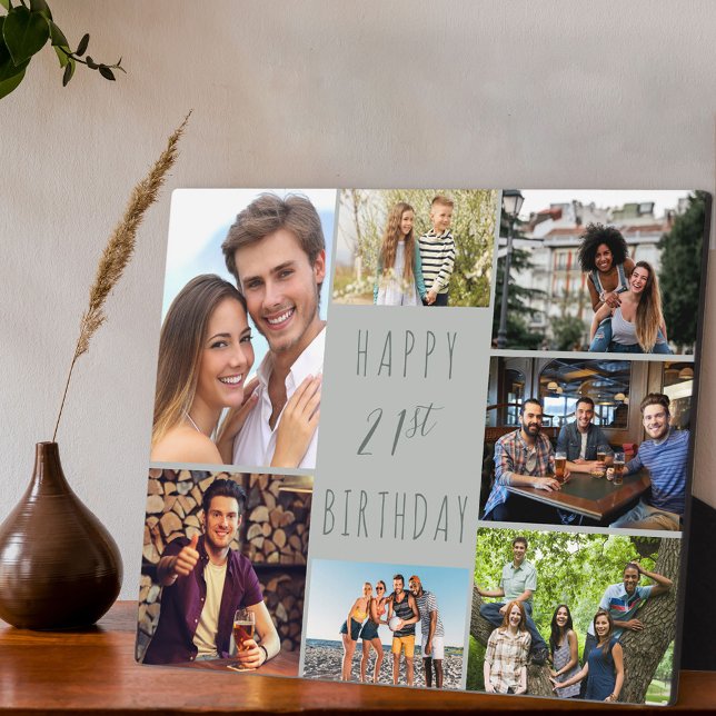 21st Birthday 7 Photo Collage Neutral Dove Grey Plaque (Creator Uploaded)