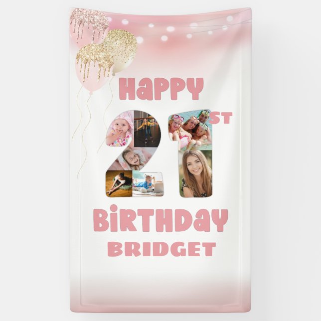 21st Birthday 7 Photo Collage Numbers Rose Gold Banner (Vertical)
