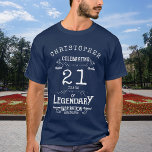 21st Birthday Add Name Legendary Blue Legend T-Shirt<br><div class="desc">For those celebrating their birthday we have the ideal birthday party t-shirt with a vintage feel. The blue background with a white vintage typography design is simple and yet elegant with a retro feel. Easily customise the text using the template provided. See in store for matching birthday gifts and supplies....</div>