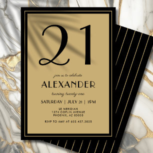 21st Birthday Adult Black and Gold Modern Minimal  Invitation