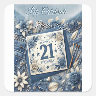 21st Birthday Almond blossom blue-cream Square Sticker