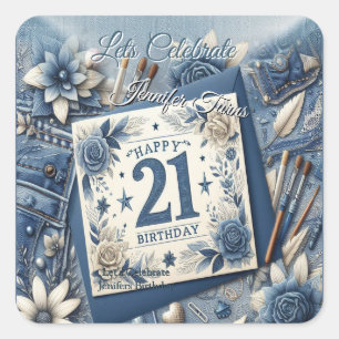 21st Birthday Almond blossom blue-cream Square Sticker