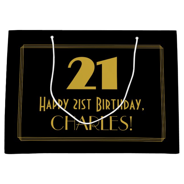 21st Birthday — Art Deco Inspired Look "21" & Name Large Gift Bag (Front)