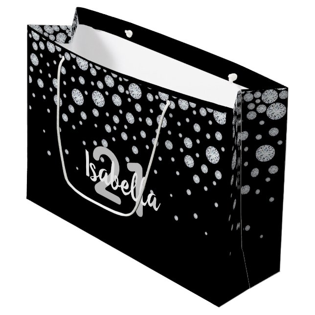 21st birthday balck silver sparkles name large gift bag (Front Angled)