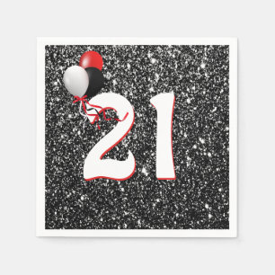21st Birthday Balloons on Black Glitter Paper Plat Napkin