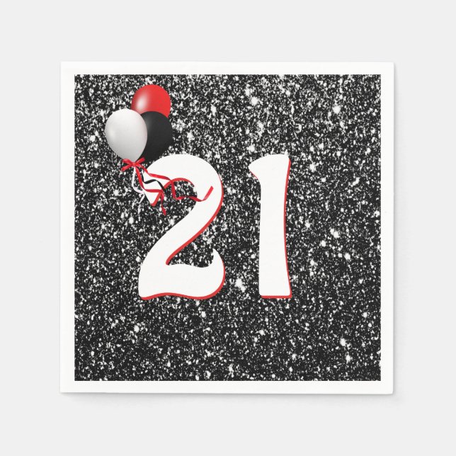 21st Birthday Balloons on Black Glitter Paper Plat Napkin (Front)