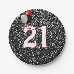 21st Birthday Balloons on Black Glitter Paper Plate