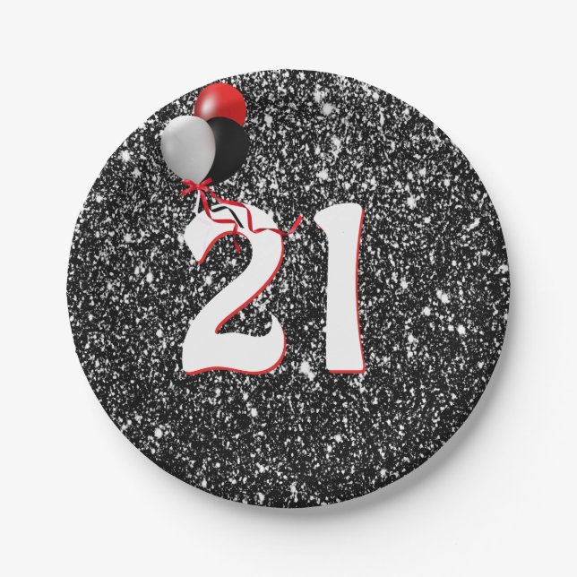 21st Birthday Balloons on Black Glitter Paper Plate (Front)