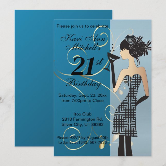 21st Birthday Bash Party - Blue Invitation (Front/Back)