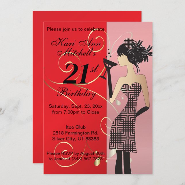 21st Birthday Bash Party - Red Invitation (Front/Back)