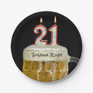 21st birthday beer with candle paper plate