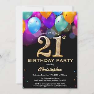 21st Birthday Black and Gold Colourful Balloons Invitation