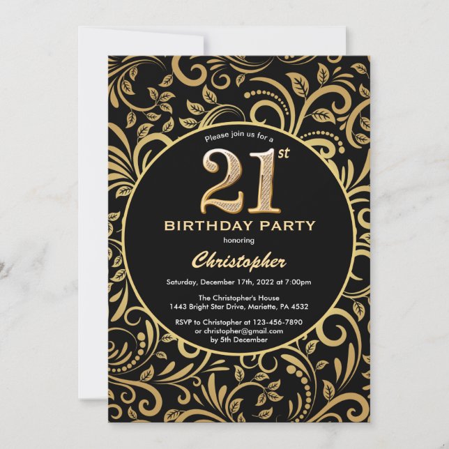 21st Birthday Black and Gold Floral Pattern Invitation (Front)