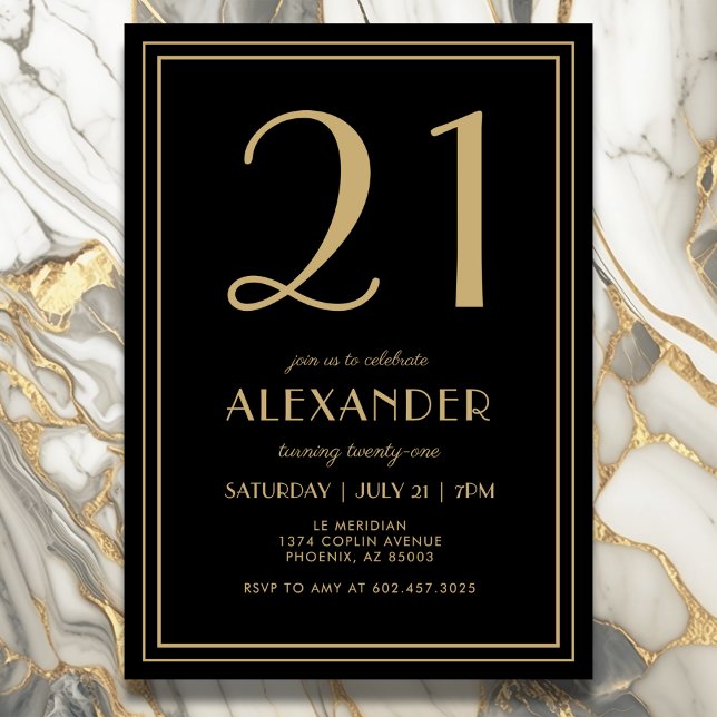 21st Birthday Black and Gold Modern Minimal Adult Invitation (Elegant black and gold 21st birthday invitation design for him or her.)