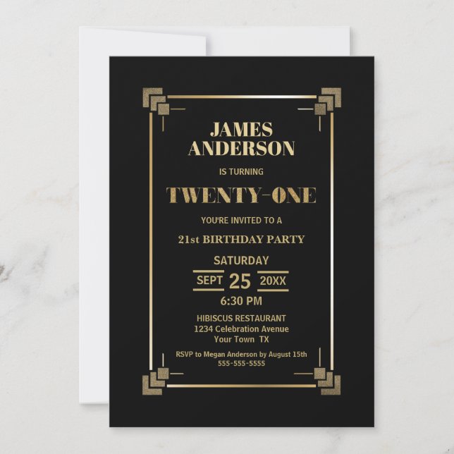 21st Birthday Black and Gold Party Invitation (Front)
