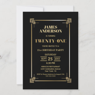 21st Birthday Black and Gold Party Invitation