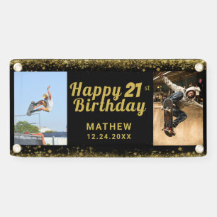 21st Birthday Black and Gold Photo Glitter Banner