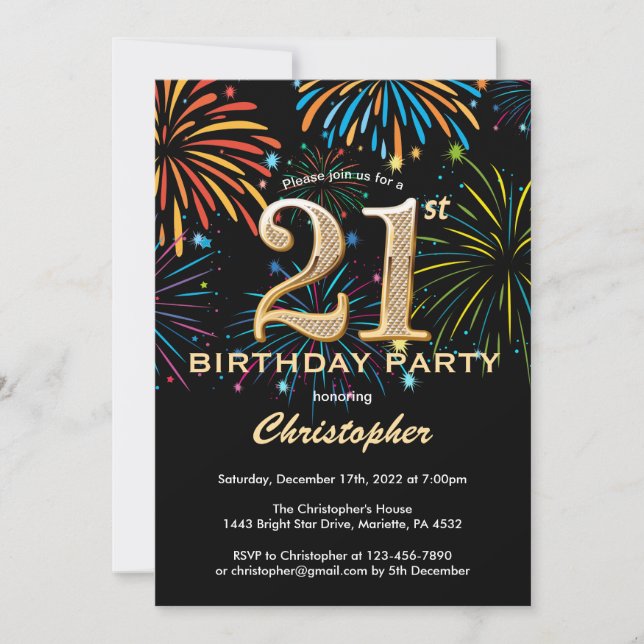 21st Birthday Black and Gold Rainbow Fireworks Invitation (Front)
