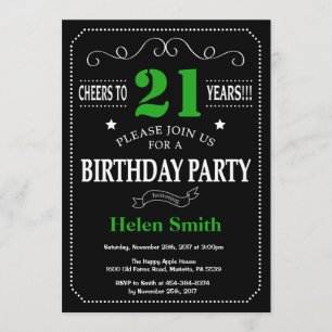 21st Birthday Black and Green Chalkboard Invitation