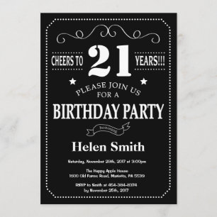 21st Birthday Black and White Chalkboard Invitation