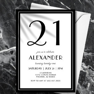 21st Birthday Black and White Modern Minimalist Invitation
