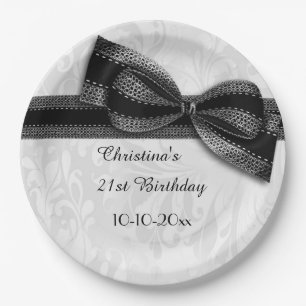 21st Birthday Black Damask and Faux Bow Paper Plate