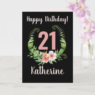 21st Birthday black Floral Girl Name  Card