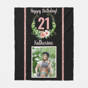 21st birthday black floral name fleece blanket