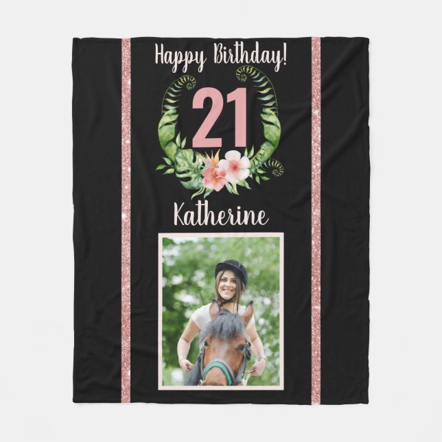21st birthday black floral name fleece blanket (Front)