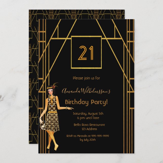 21st birthday black gold 1920 art deco invitation (Front/Back)