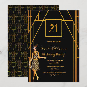 21st birthday black gold 1920 art deco invitation