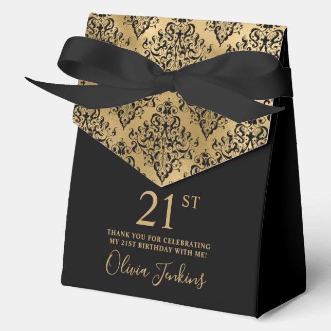 21st Birthday Black Gold Damask Thank You  Favour Box (Front)