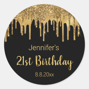 21st birthday black gold dripping glitters   classic round sticker