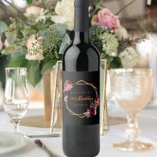 21st birthday black gold floral geometric name wine label