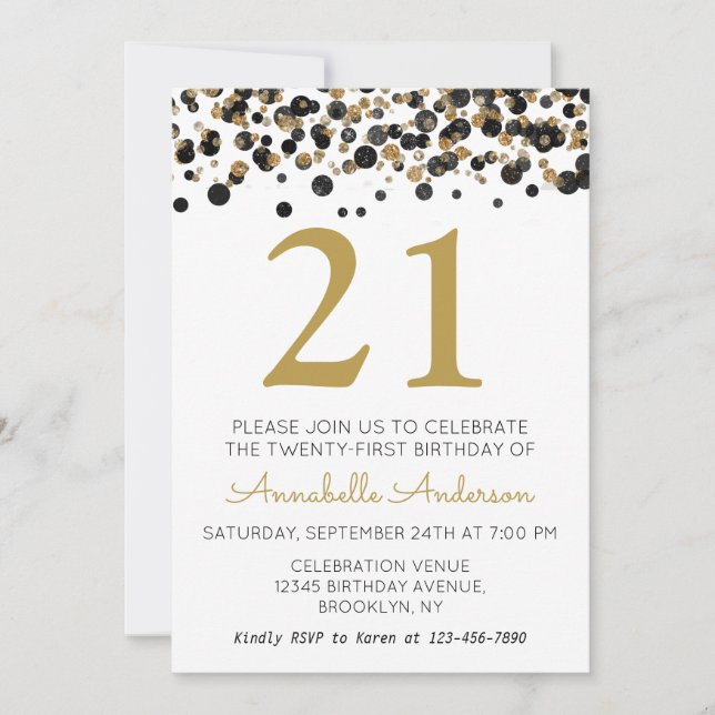 21st Birthday Black Gold Glitter Sparkle Confetti Invitation (Front)