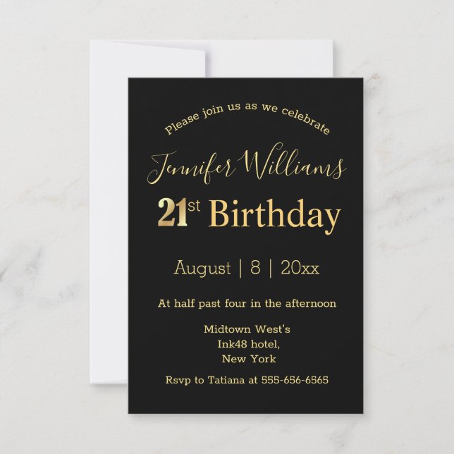 21st birthday black gold handwriting party  invitation (Front)