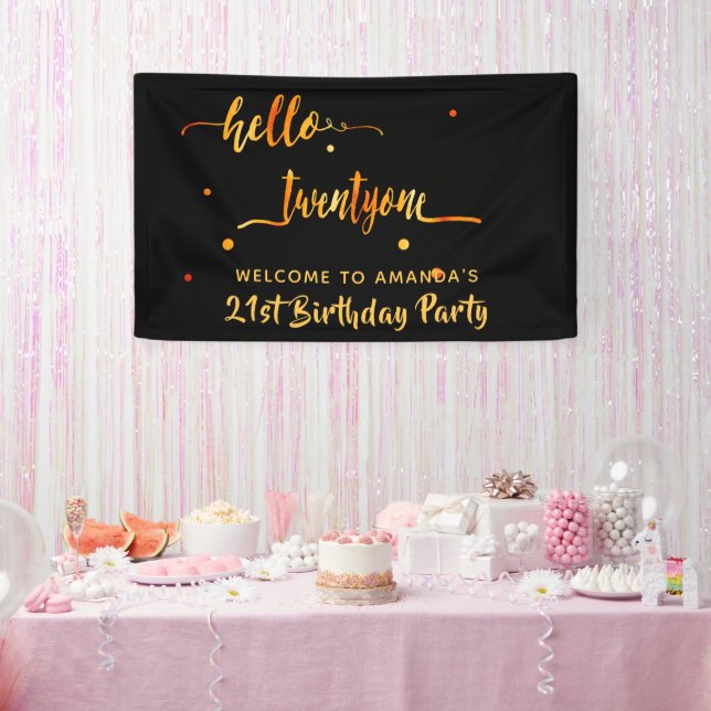 21st birthday black gold hello 21 name script banner (Party)