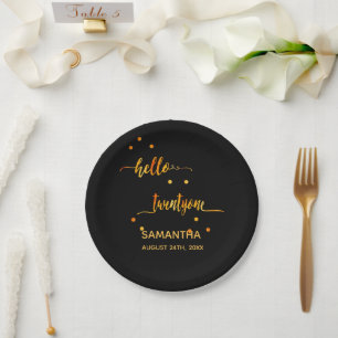 21st birthday black gold hello 21 name script paper plate