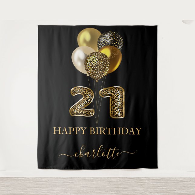 21st birthday black gold leopard name script tapestry (Front)