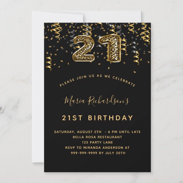 21st birthday black gold leopard pattern confetti invitation (Front)