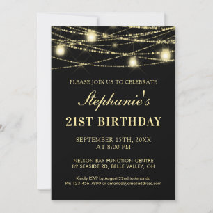 21st Birthday Black Gold Lights Mason Jar Party Invitation
