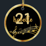21st birthday black gold music notes name ceramic tree decoration<br><div class="desc">Black background with faux gold music notes for a 21st birthday party. With a faux gold frame. Templates for age and name.  The name is written in a hand-lettered style script.  Golden letters and number.  For both him and her. Great as a birthday gift or a keepsake.</div>