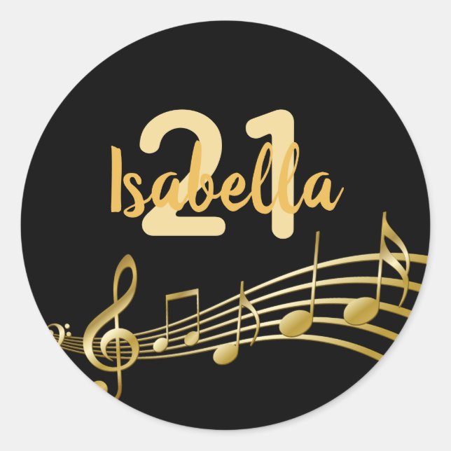 21st birthday black gold music notes name classic round sticker (Front)