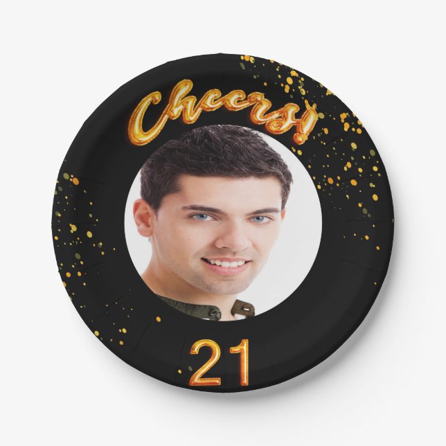21st birthday black gold photo guy paper plate (Front)