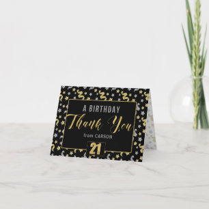 21st Birthday Black Gold Silver Confetti with Name Thank You Card