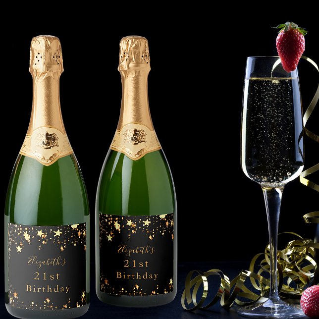 21st birthday black gold stars modern elegant sparkling wine label (Creator Uploaded)