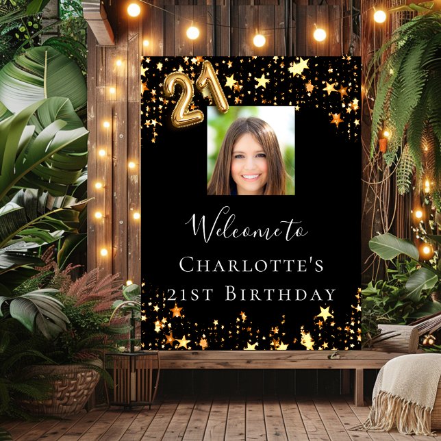 21st birthday black gold stars photo welcome poster (Creator Uploaded)