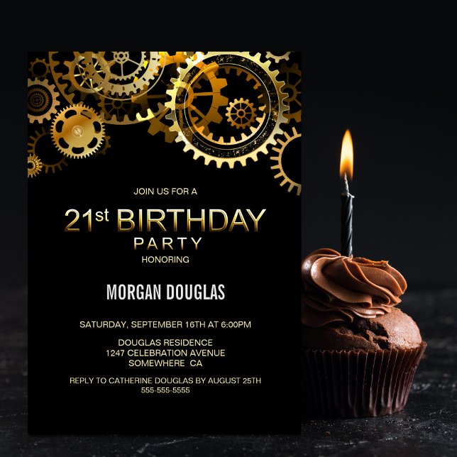 21st Birthday Black Gold Steampunk Watch Gears Invitation (Creator Uploaded)