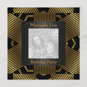 21st Birthday Black Gold Stripe Add Photo Invitation